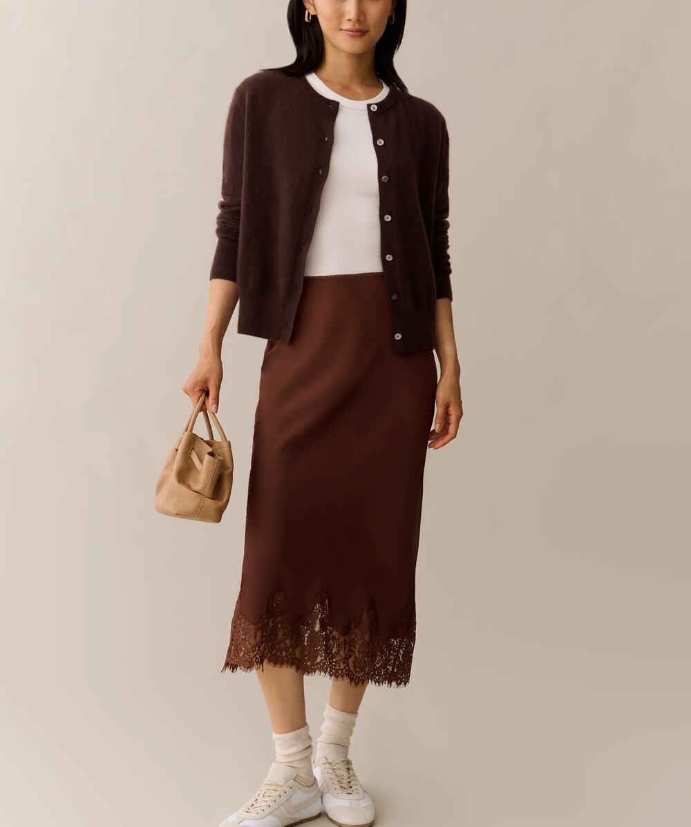 $177 New few Moda X you Avery  satin lace brown skirt size L